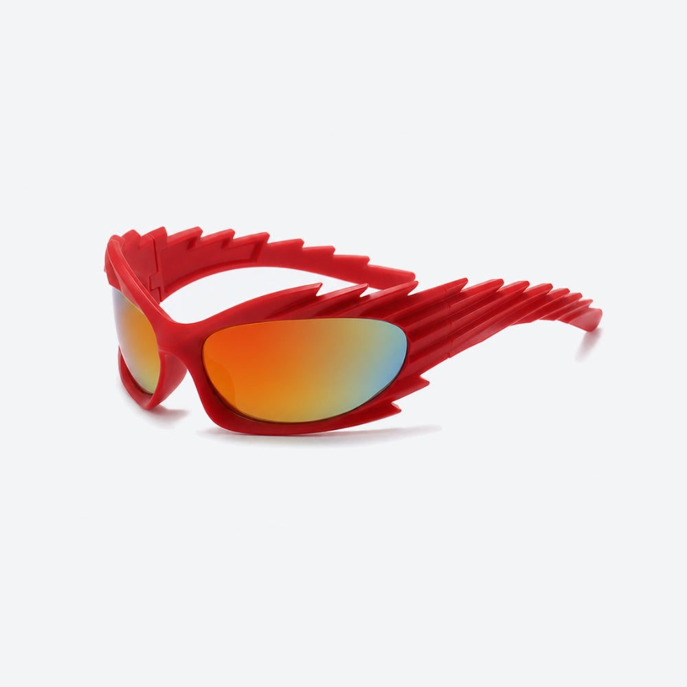 VYSER Red sunglasses with unique frame design on a white background