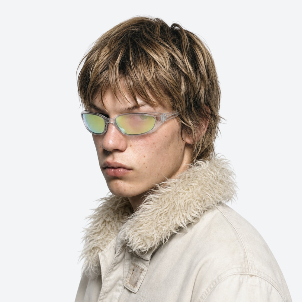 Person wearing reflective VYSER Clear sunglasses with multicolored lenses on a white background