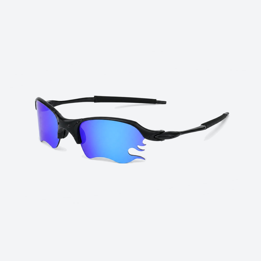 VYSER Black sunglasses with blue lenses on a white background