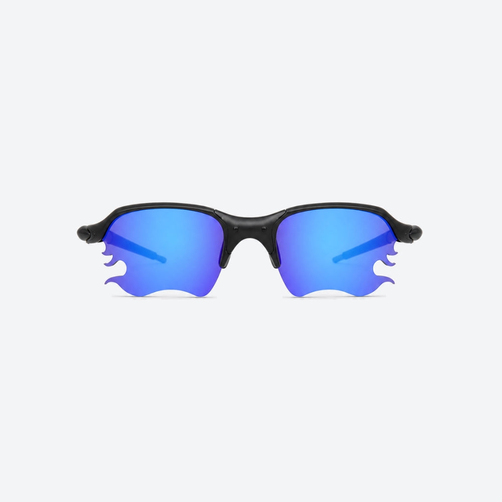 VYSER Black sunglasses with blue lenses on a white background
