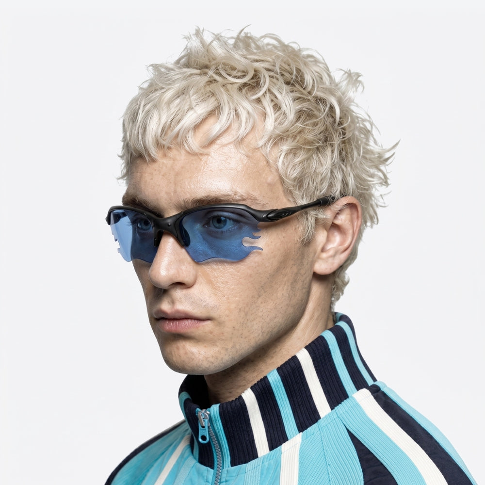 person using VYSER Black sunglasses with blue lenses on a white background