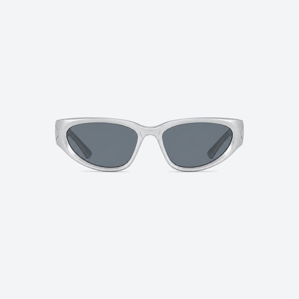 VYSER silver sunglasses with black lenses on a white background