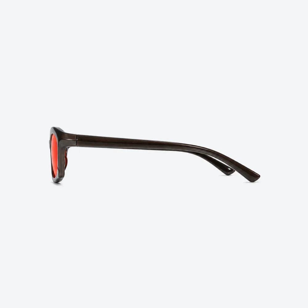 VYSER dark brown acetate sunglasses with bold red lenses, sleek streetwear style