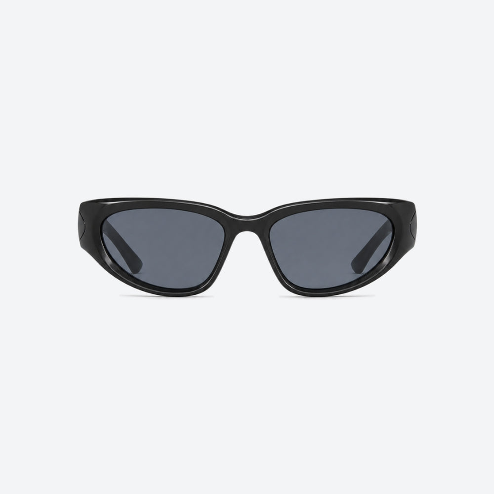 VYSER Black sunglasses with dark lenses on a white background