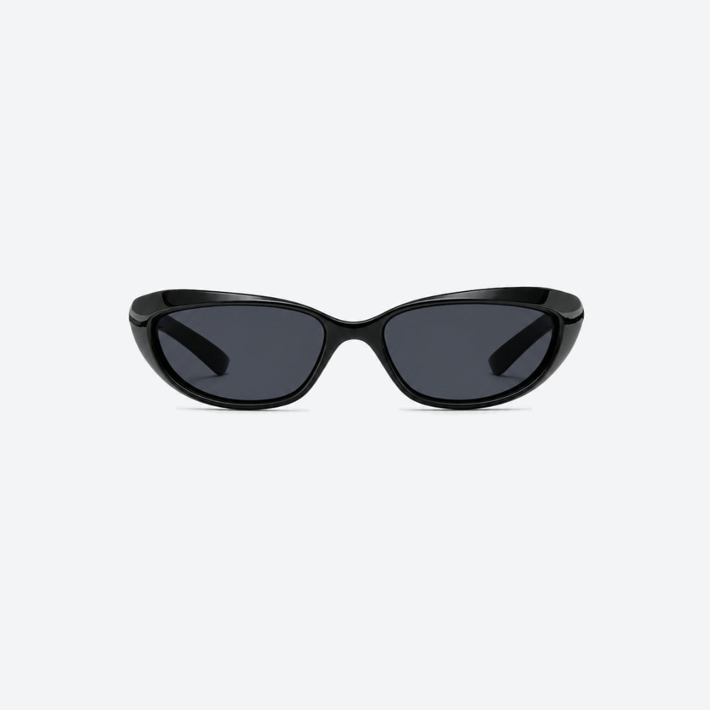 VYSER Black sunglasses with dark lenses on a white background