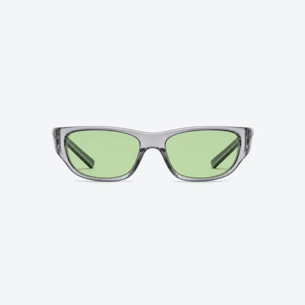VYSER translucent gray rectangular sunglasses with light green lenses, modern streetwear style.