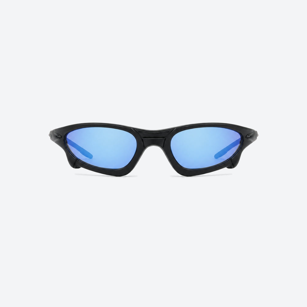 VYSER Black sunglasses with blue-tinted lenses on a white background