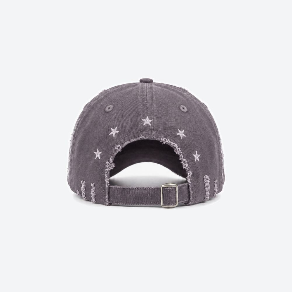 Back view of a grey distressed baseball cap with small embroidered stars and an adjustable buckle strap