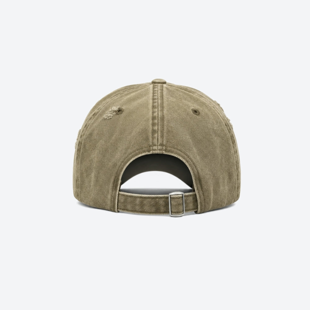 Back view of a washed khaki baseball cap with an adjustable buckle strap