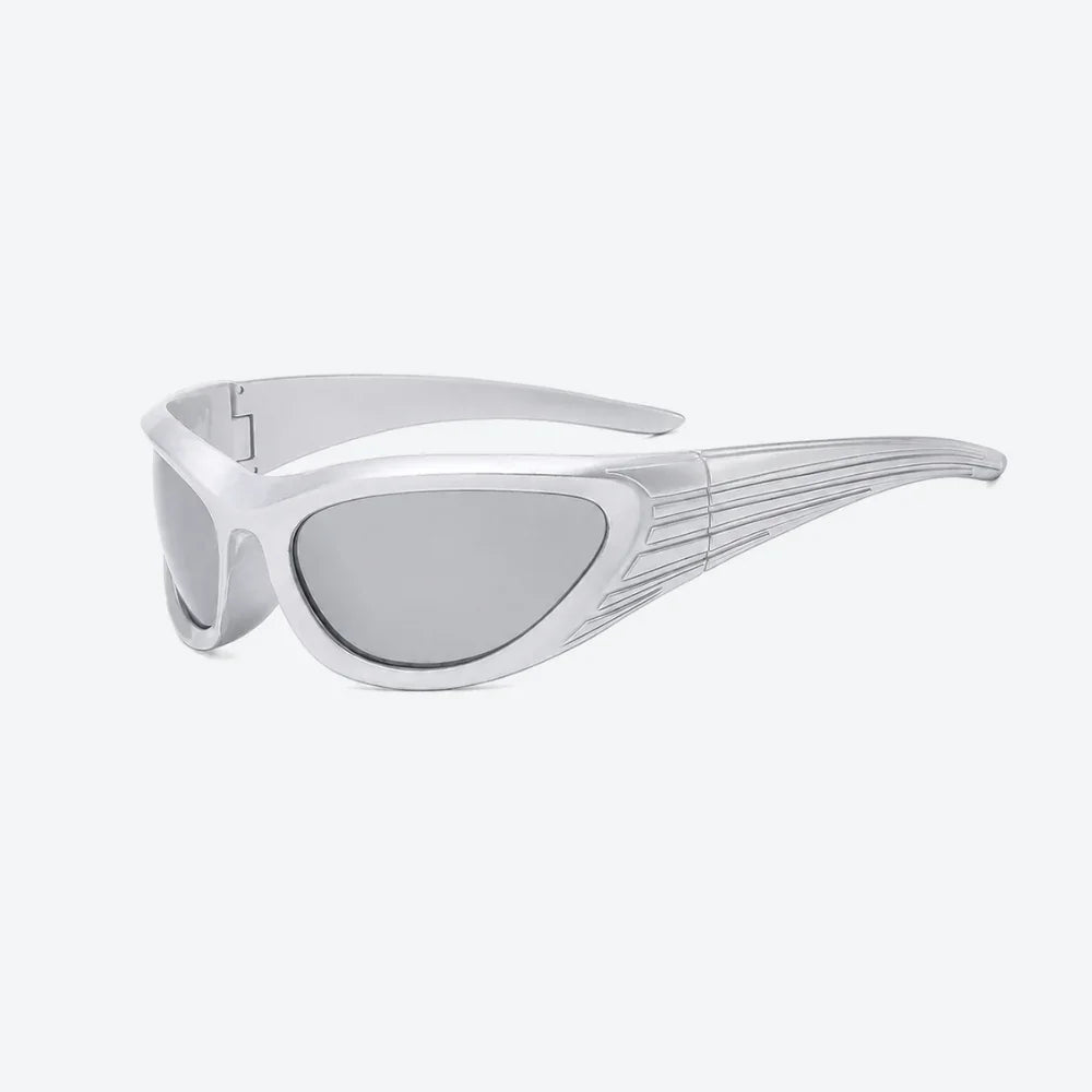 VYSER White wrap-around sunglasses with a sleek, futuristic design and silver mirrored lenses, shown on a white background.