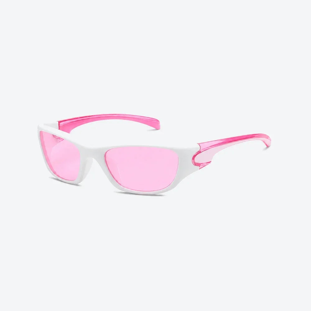 VYSER white and pink sporty sunglasses with translucent arms, modern streetwear style.