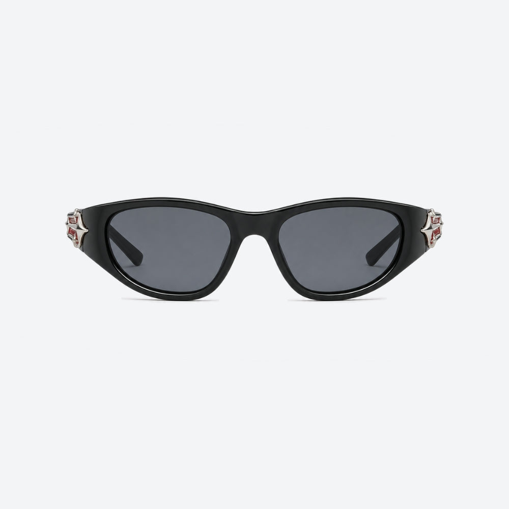 VYSER Black sunglasses with red and white design on a white background