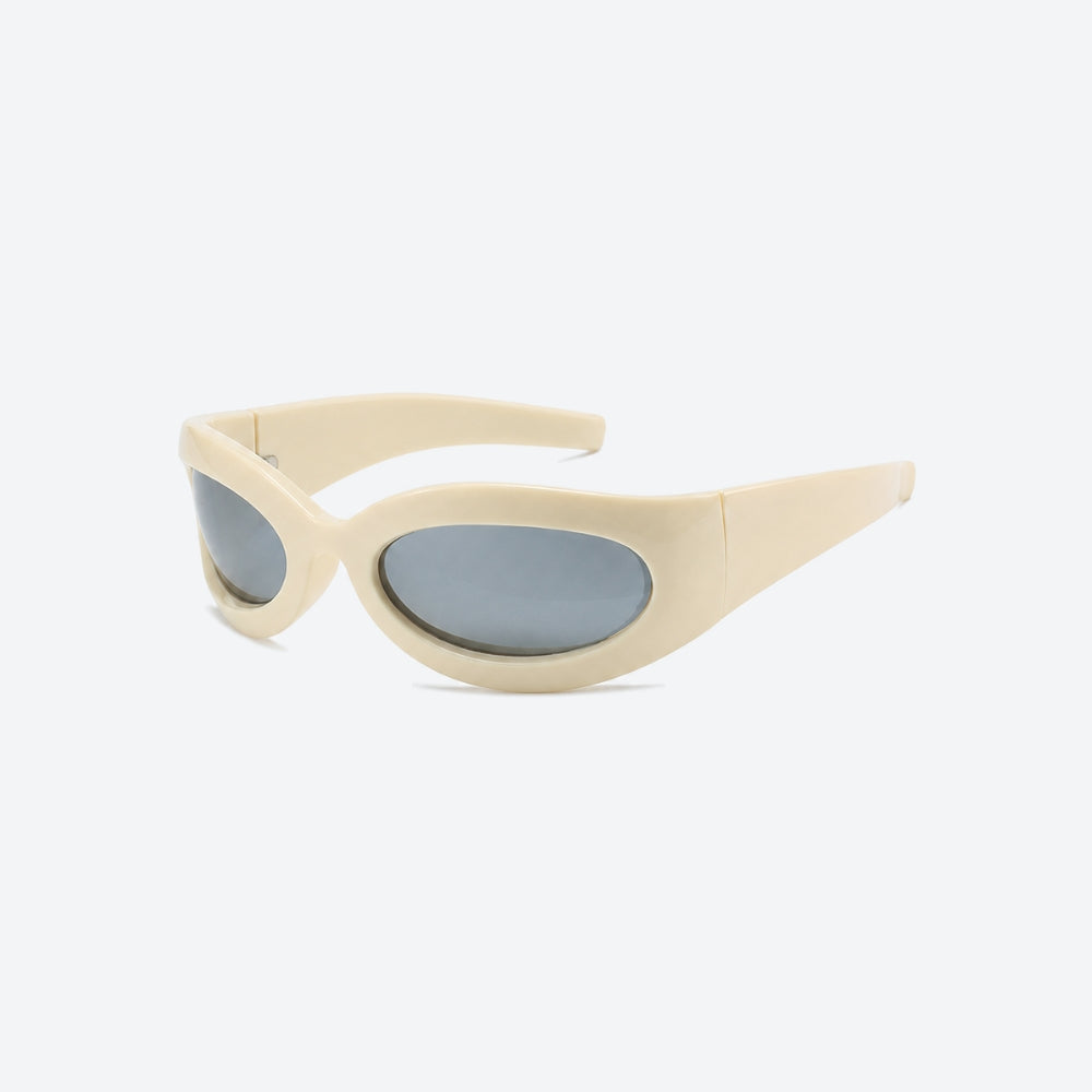 VYSER Beige sunglasses with gray lenses on a white background