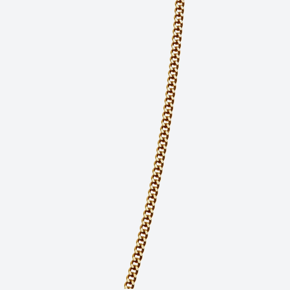 A close-up of a gold-toned metal chain running vertically down the center of a light gray background.