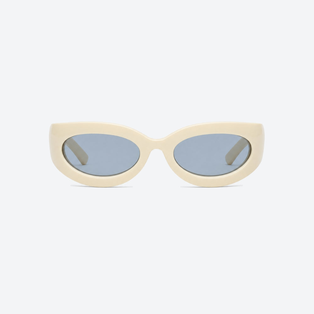 VYSER Beige sunglasses with gray lenses on a white background