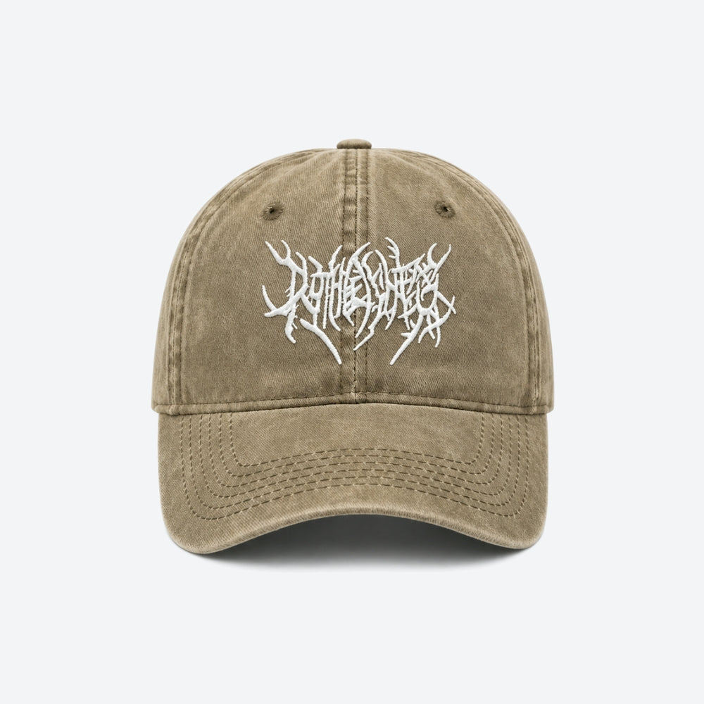 A washed khaki baseball cap featuring a white stylized metal logo on the front, displayed against a clean white background.
