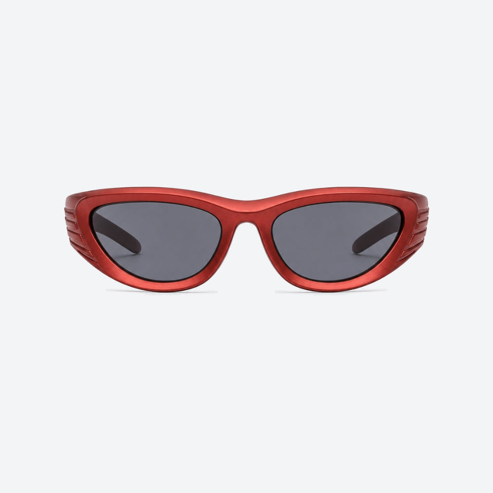 VYSER Red sunglasses with dark lenses on a white background