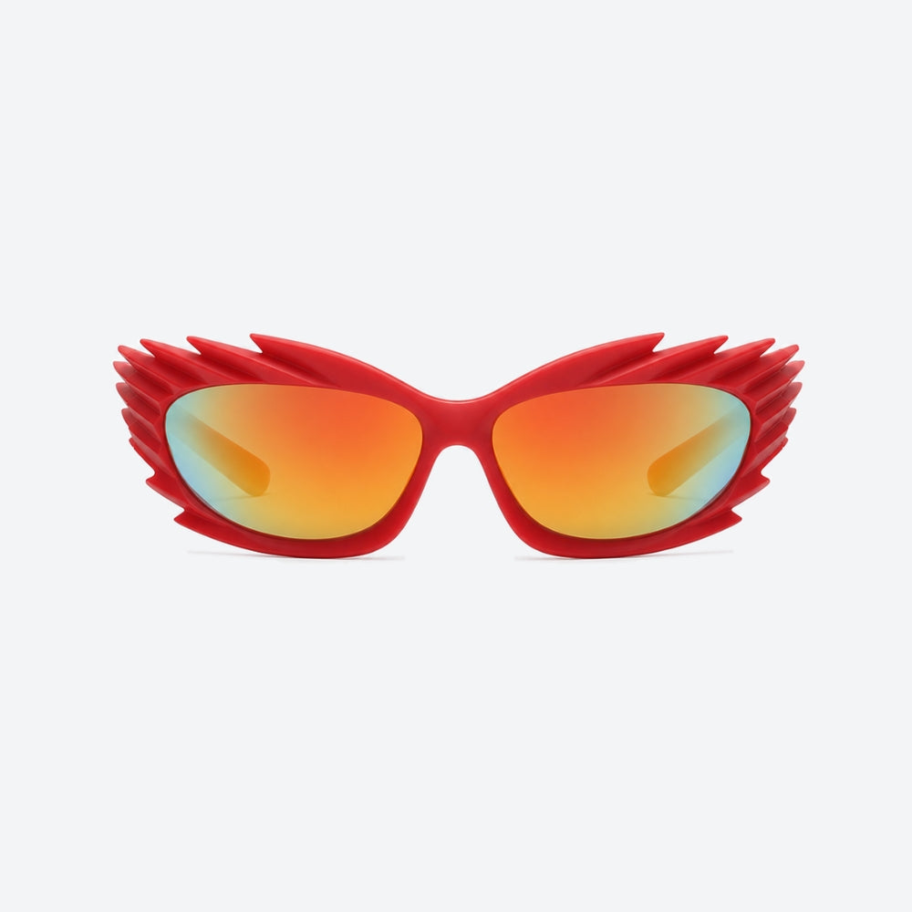 VYSER Red sunglasses with unique frame design on a white background