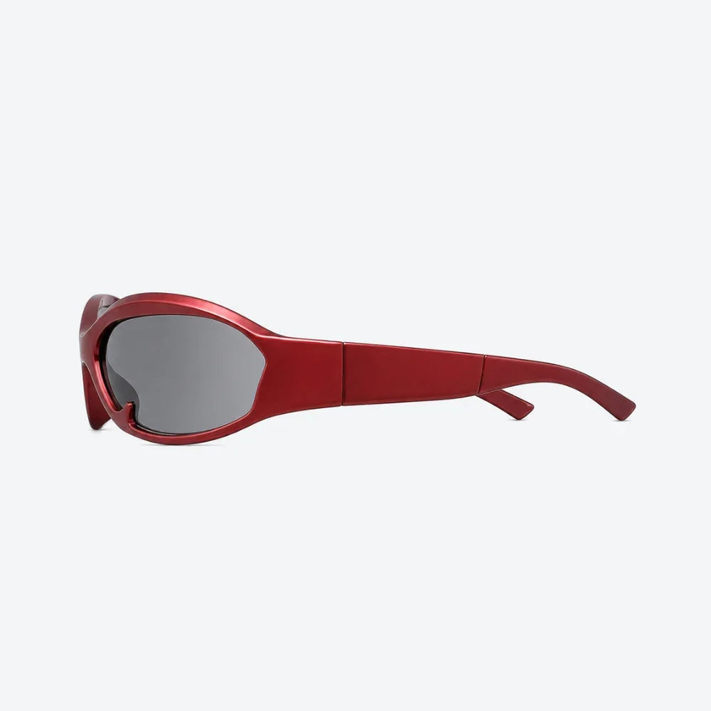 VYSER red oversized sunglasses with matte finish and gray tinted lenses, modern streetwear style.