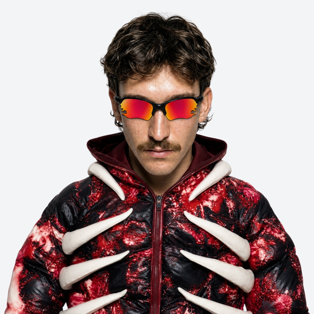 Person using VYSER Black sunglasses with redlenses on a white background