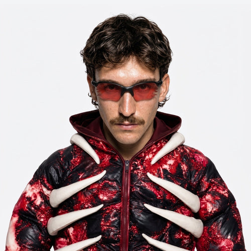 Person using VYSER Black sunglasses with redlenses on a white background