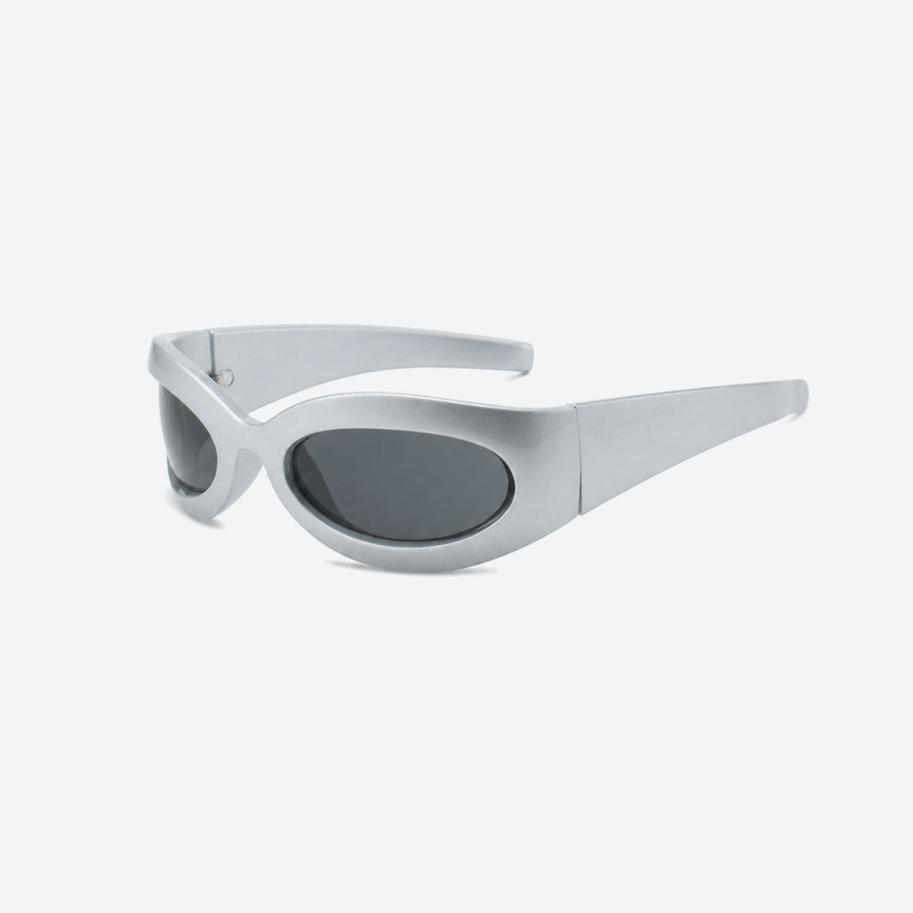 VYSER Silver sunglasses with dark lenses on a white background
