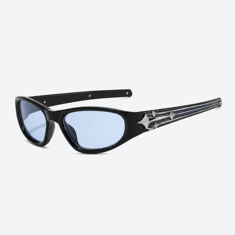 VYSER Black sunglasses with blue lenses on a white background
