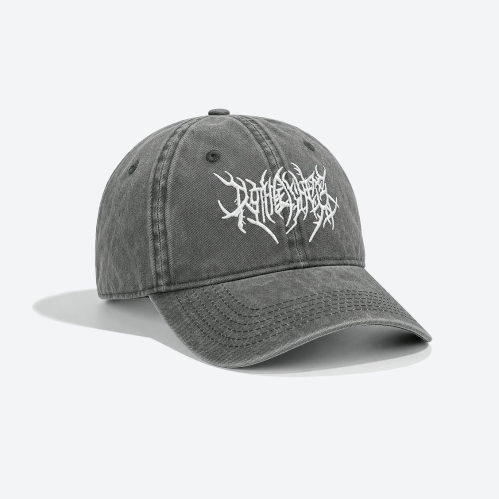 A washed dark gray baseball cap with a white stylized logo embroidered on the front, shown on a light gray background.