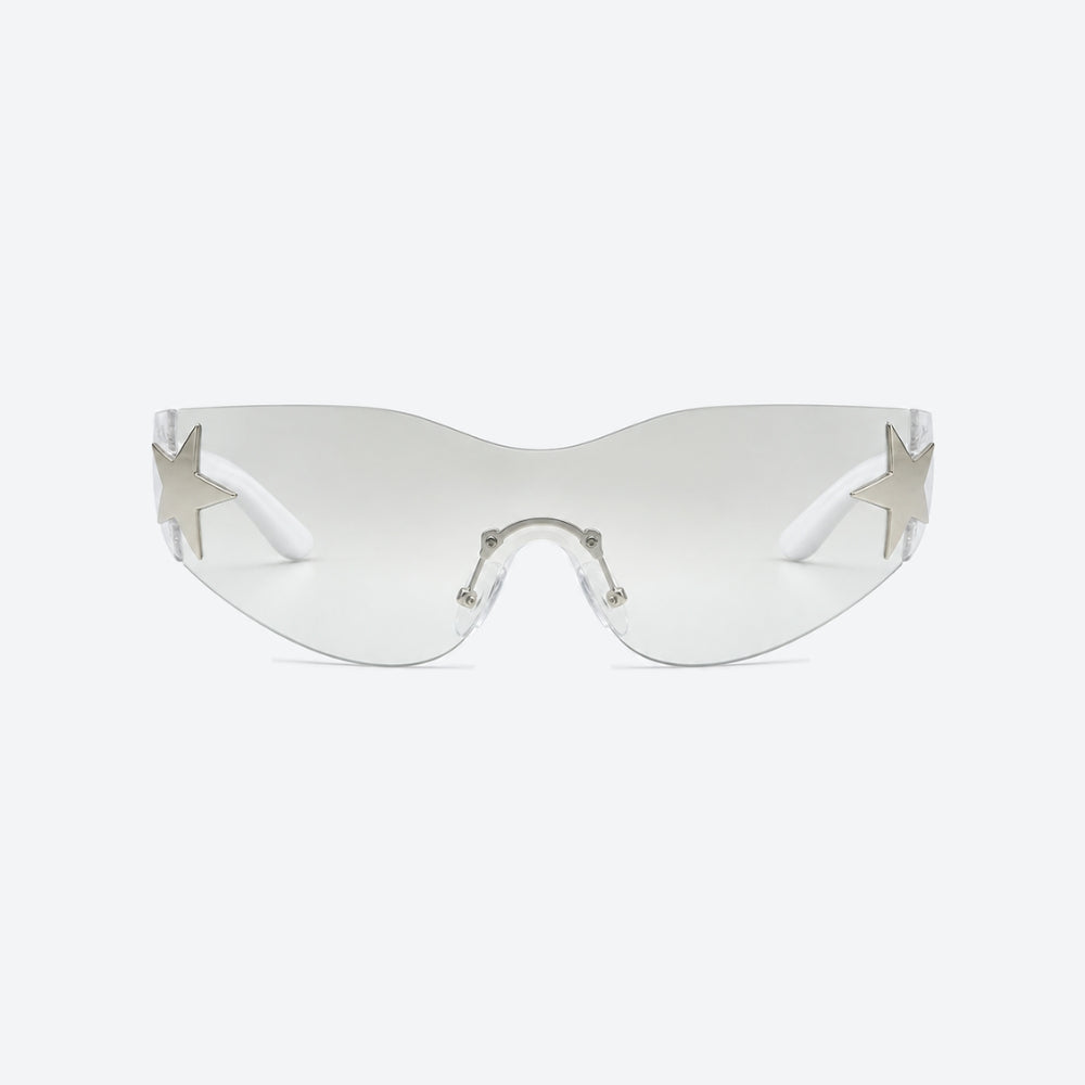 VYSER Clear sunglasses with silver frames on a white background