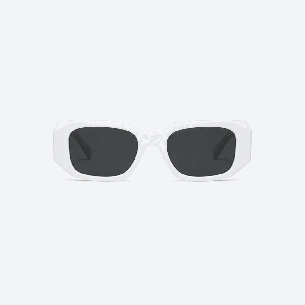 VYSER Sunglasses with white frame and black lenses on a white background