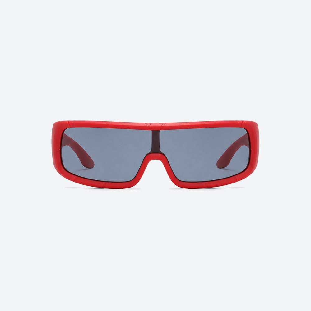 VYSER Red sunglasses with gray lenses on a white background