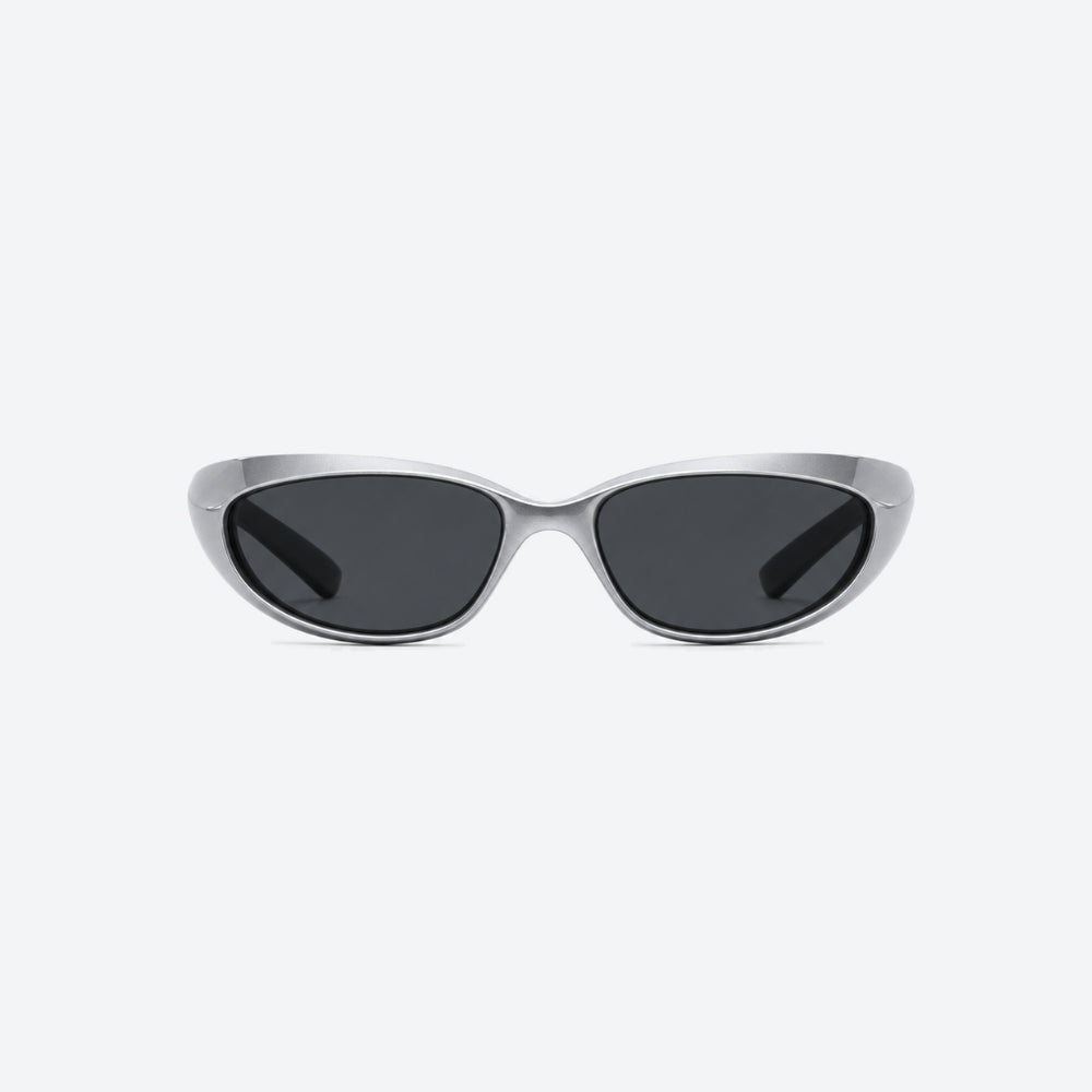 VYSER Silver sunglasses with dark lenses on a white background