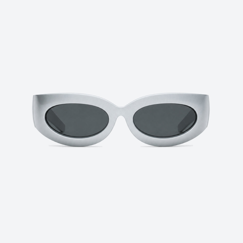 VYSER Silver sunglasses with dark lenses on a white background