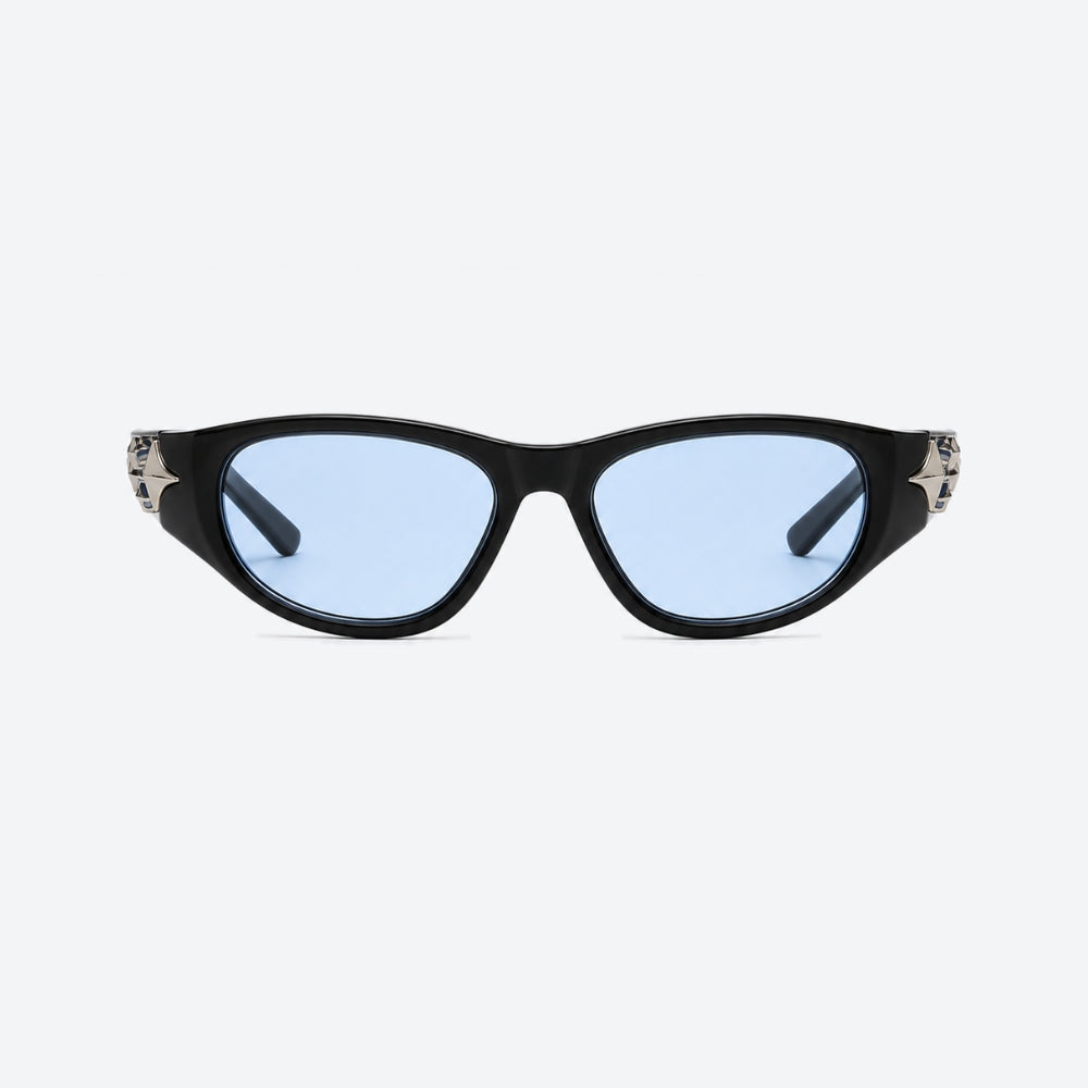 VYSER Black sunglasses with blue lenses on a white background