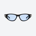 VYSER Black sunglasses with blue lenses on a white background