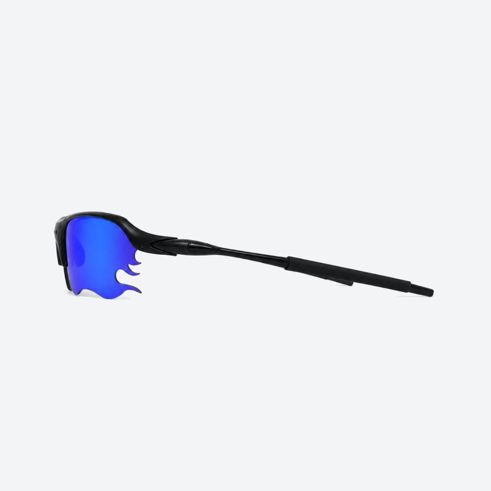 VYSER Black sunglasses with blue lenses on a white background