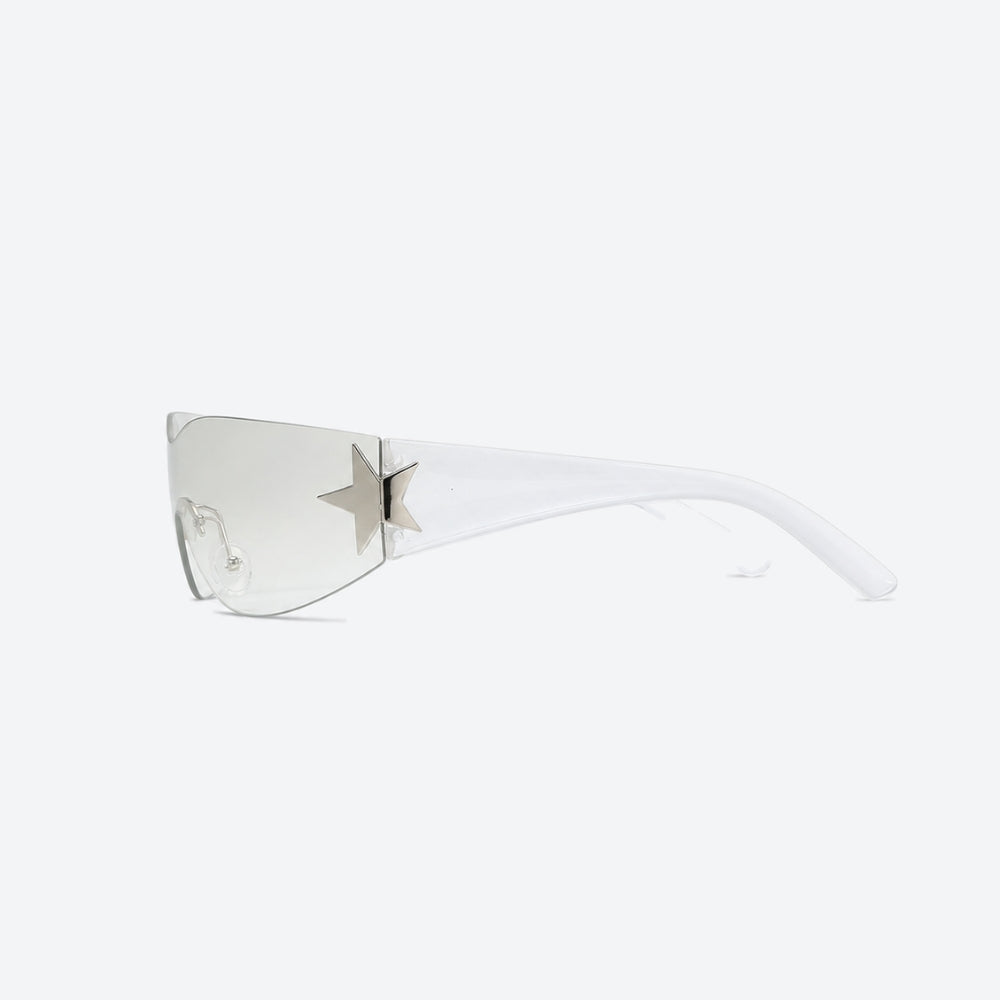 VYSER Clear sunglasses with silver frames on a white background
