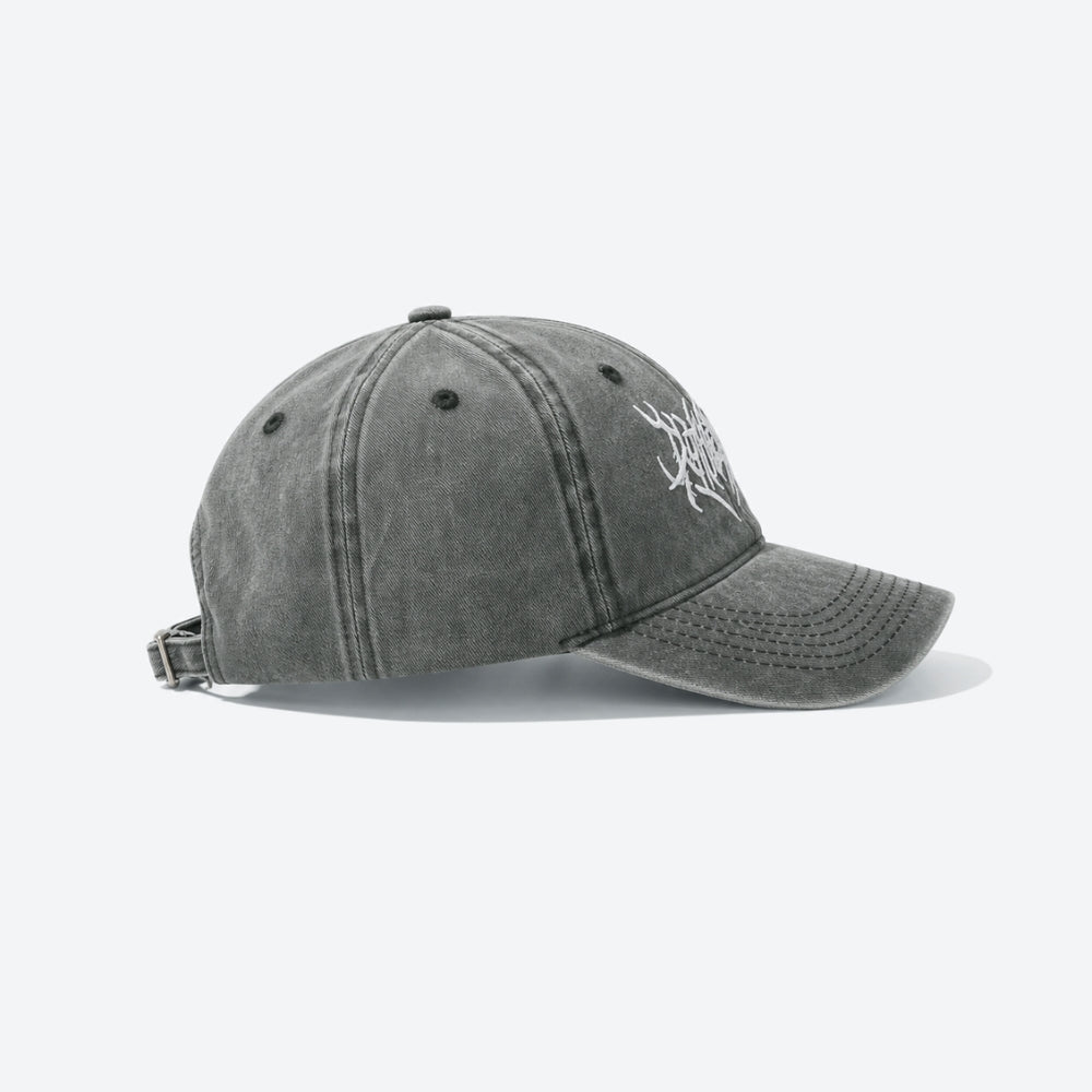 A washed dark gray baseball cap with a white embroidered graphic on the side, shown from a three-quarters angle on a light gray background.