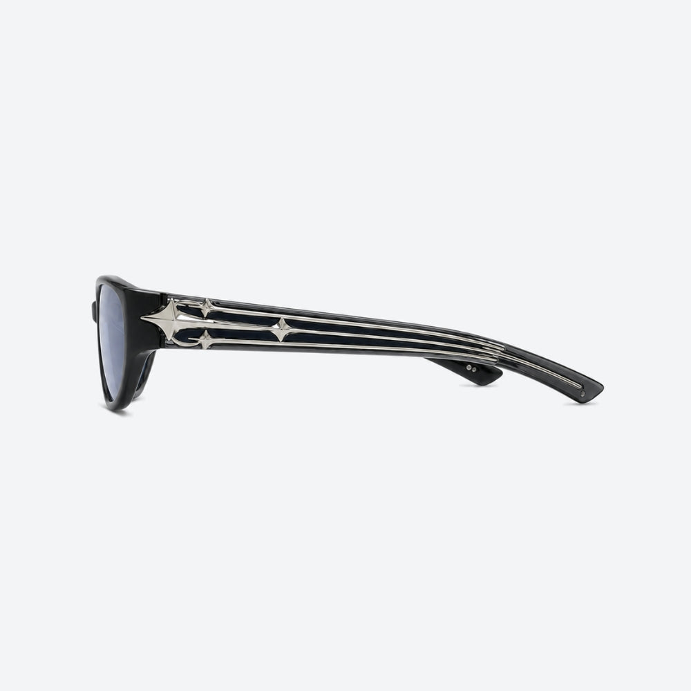 VYSER Black sunglasses with blue lenses on a white background