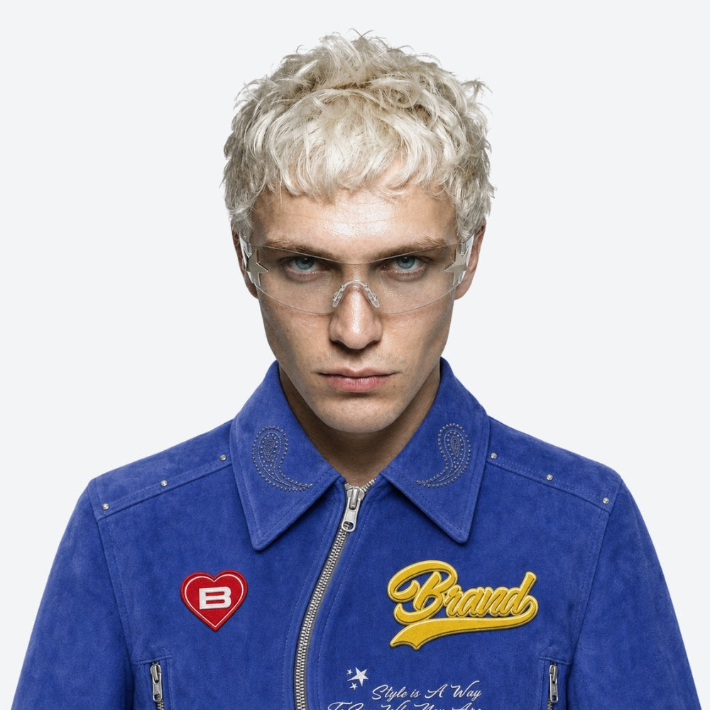 Person wearing a blue jacket with VYSER Clear sunglasses with silver frames on a white background