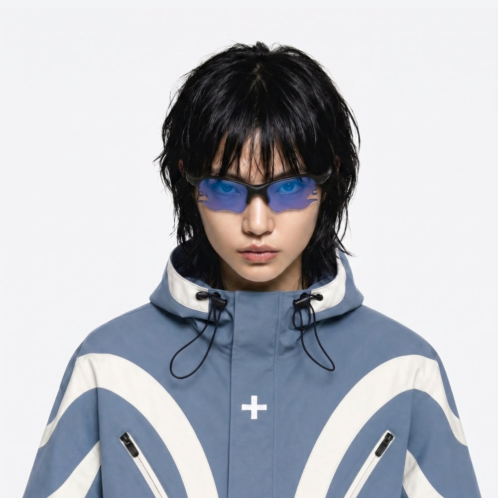person using VYSER Black sunglasses with blue lenses on a white background