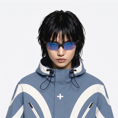 person using VYSER Black sunglasses with blue lenses on a white background