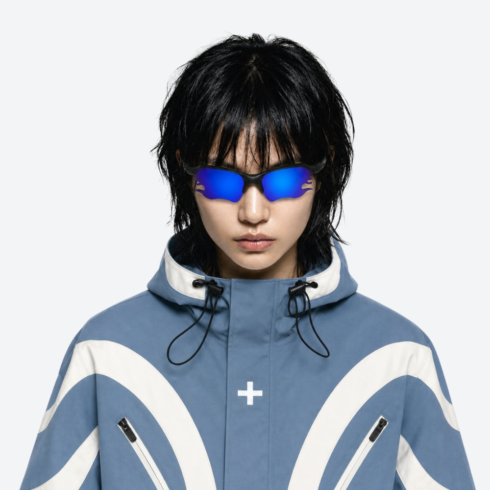 person using VYSER Black sunglasses with blue lenses on a white background