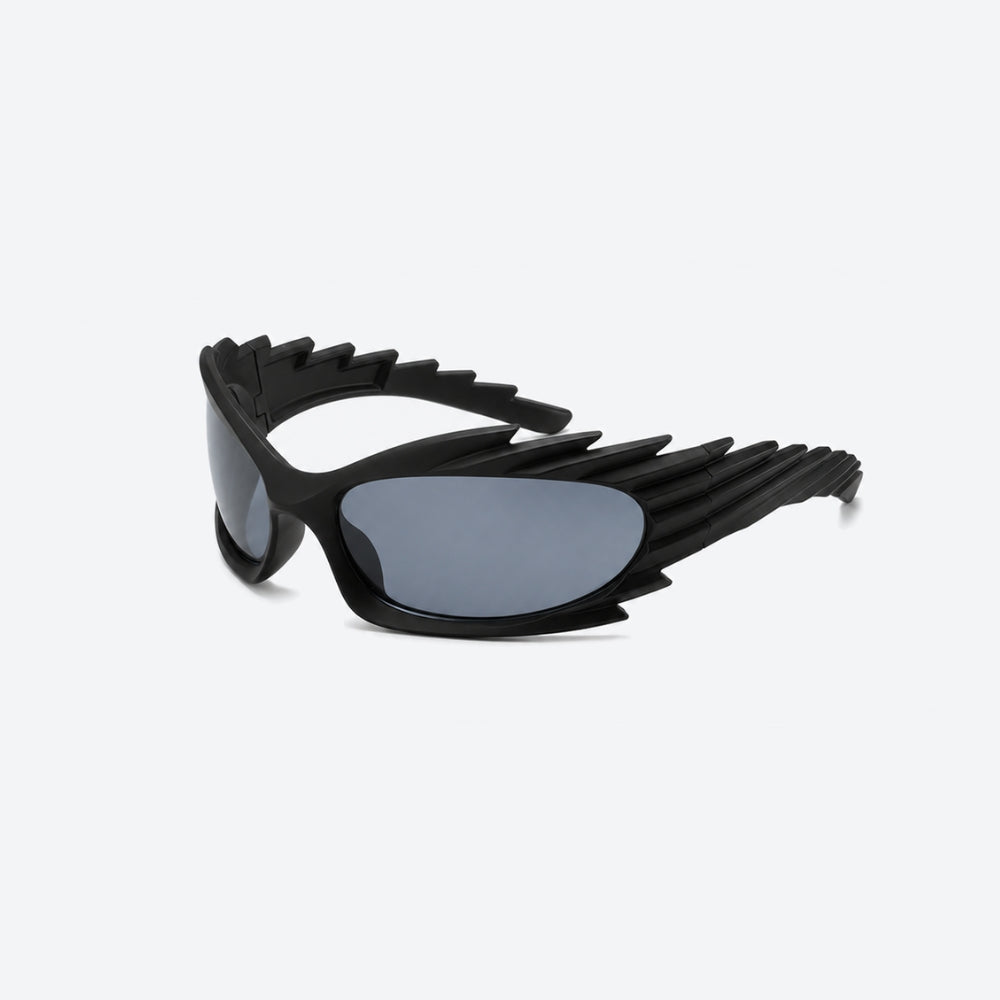 VYSER Black sunglasses with unique frame design on a white background