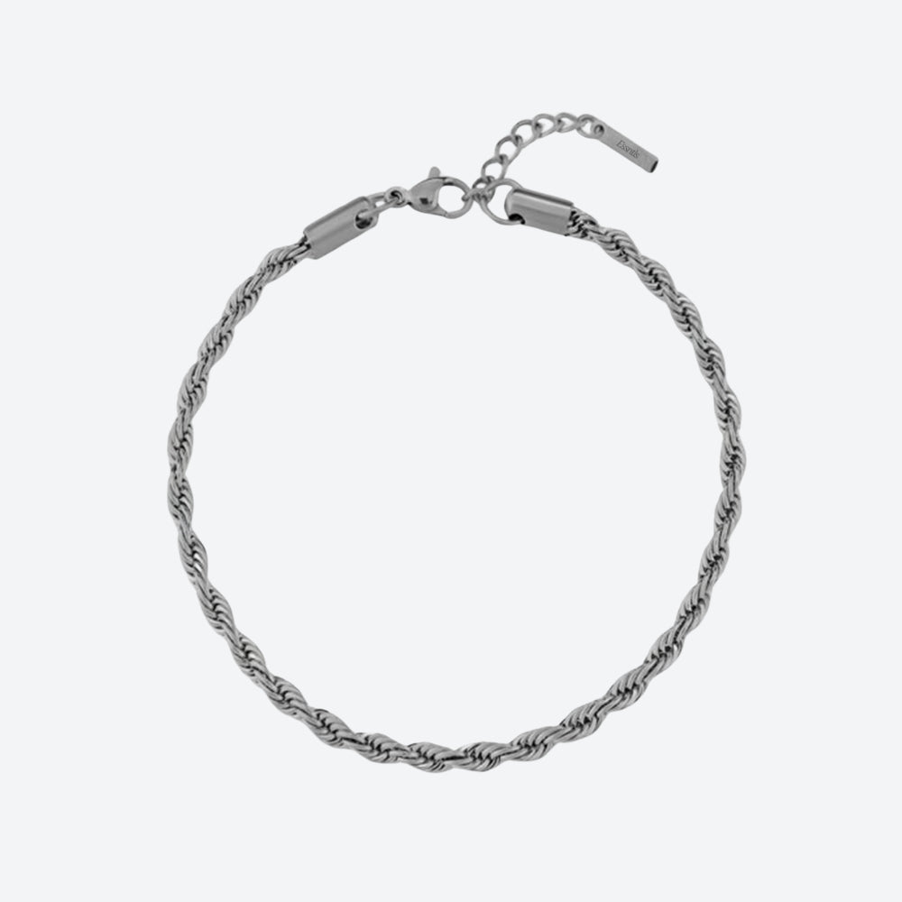 SILVER. A silver twisted rope chain bracelet with a spring-ring clasp and extender chain, displayed on a light gray background.