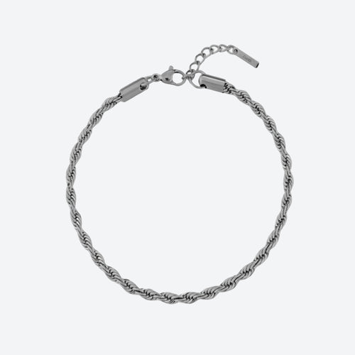 SILVER. A silver twisted rope chain bracelet with a spring-ring clasp and extender chain, displayed on a light gray background.