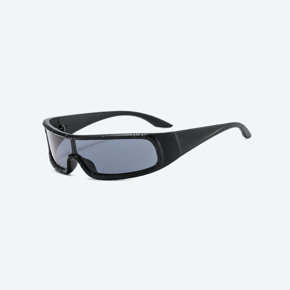 VYSER Black sunglasses with dark lenses on a white background
