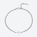 A silver chain bracelet with a small cross pendant at the bottom center, shown on a light gray background. The bracelet has an adjustable clasp with a tag engraved with the brand name 'Luna'.