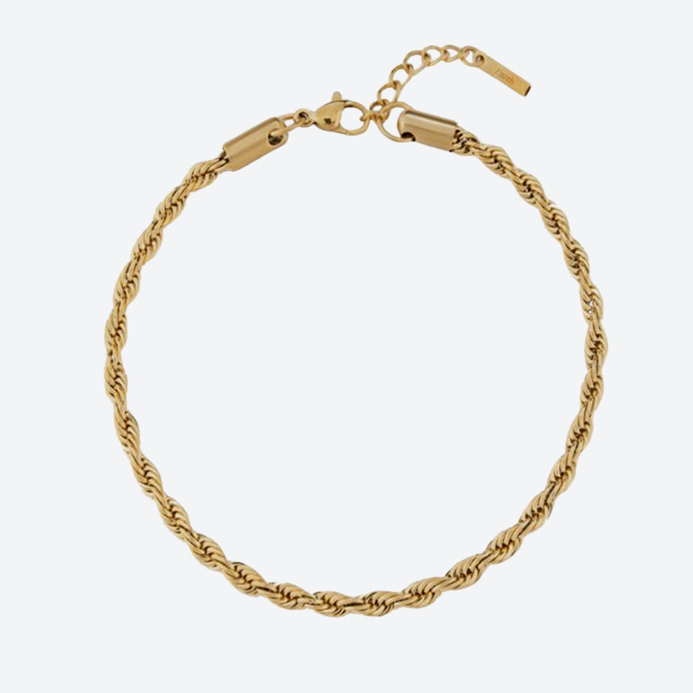 A gold rope chain bracelet with a lobster clasp and extension chain, displayed on a clean white background.