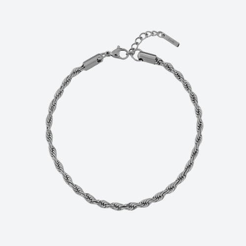 SILVER. A silver twisted rope chain bracelet with a spring-ring clasp and extender chain, displayed on a light gray background.